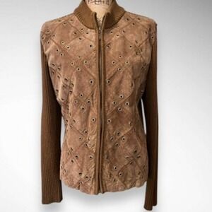 ROBERT LOUIS Vintage Brown Suede Knit Grommet Detailing Zip Front Jacket | EUC